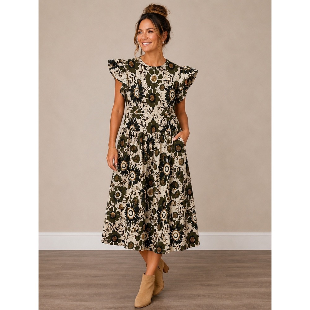 o.p.t Womens Retro Floral Flutter Sleeve Cotton Midi Dress Olive Green Size M